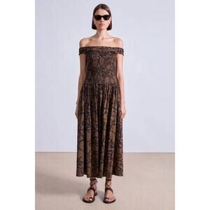 Apiece Apart Britt Off Shoulder Maxi Dress in Large Lace Floral Chocolate XXS